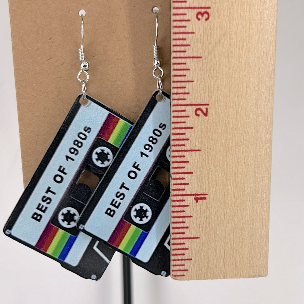 80’s Cassette Tape Dangle Earrings 2D Acrylic Cartoon Fashion Jewelry - Picture 2 of 4